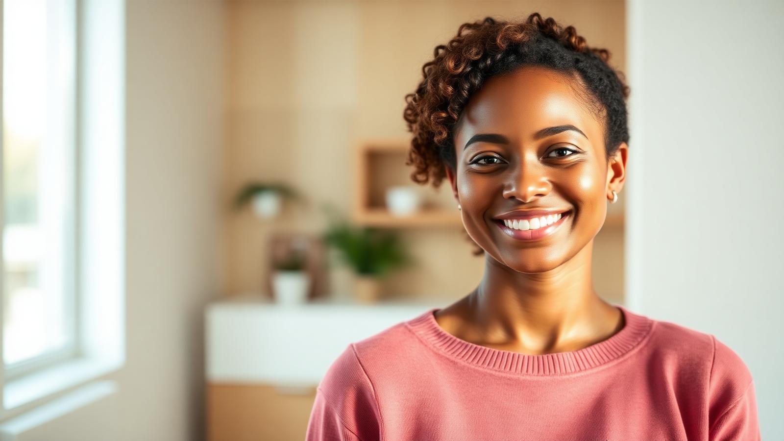 Young woman smiling in warm natural light in a modern clinic setting.