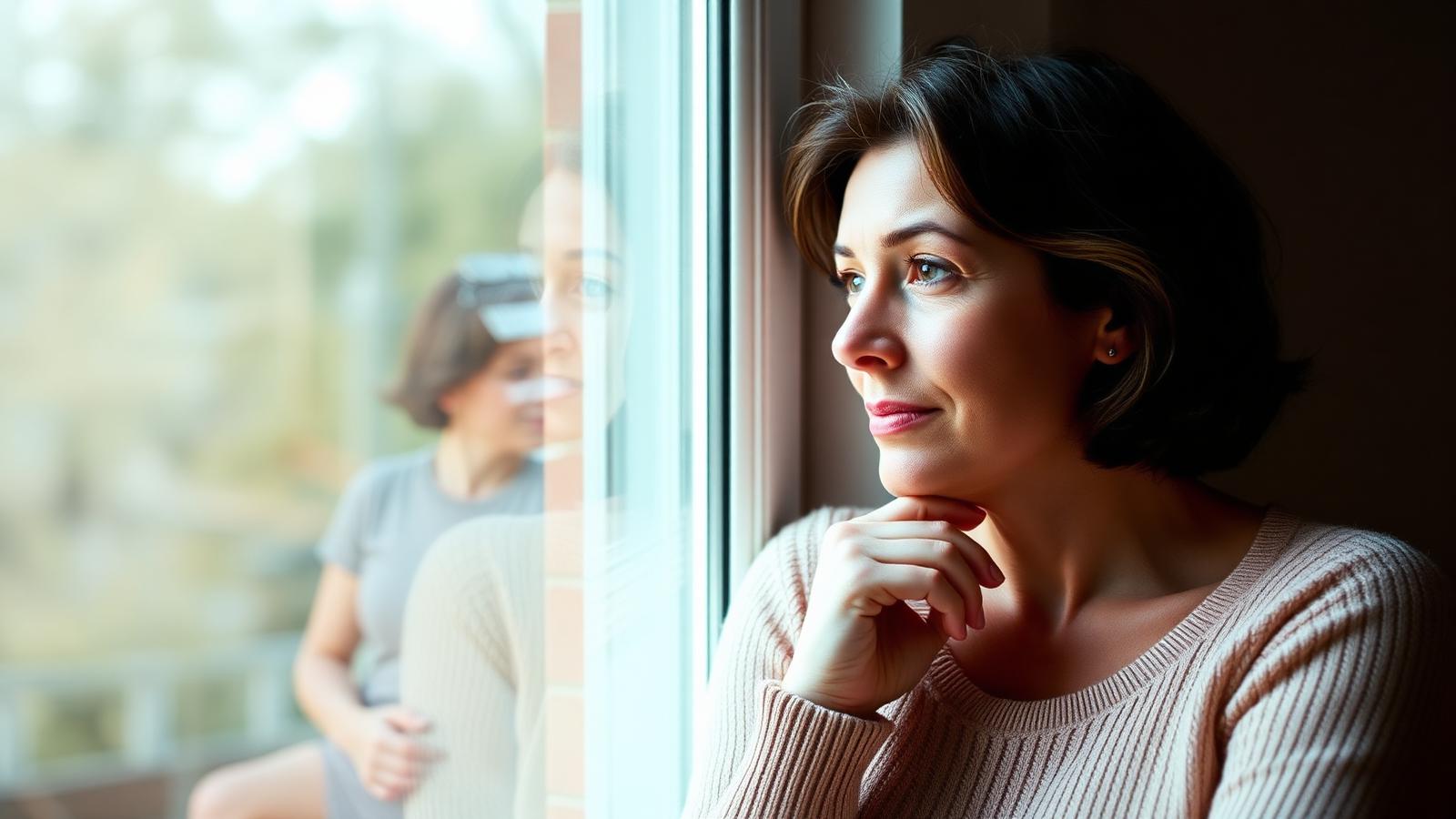 Woman in her early forties looking thoughtfully out of a bright window.