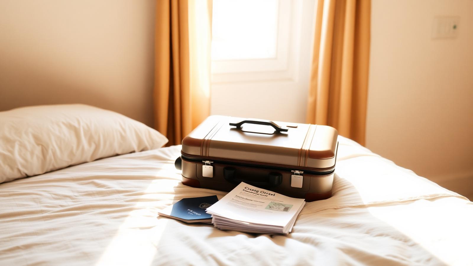 Carry-on suitcase, passport, and travel documents on a bed in soft morning light.