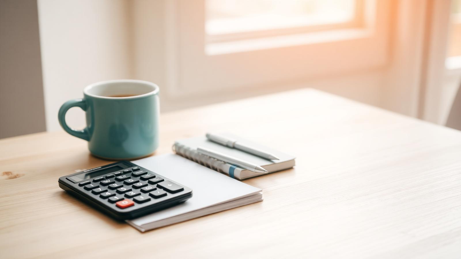 Calculator, notebook, and coffee cup on a wooden desk beside a bright window.