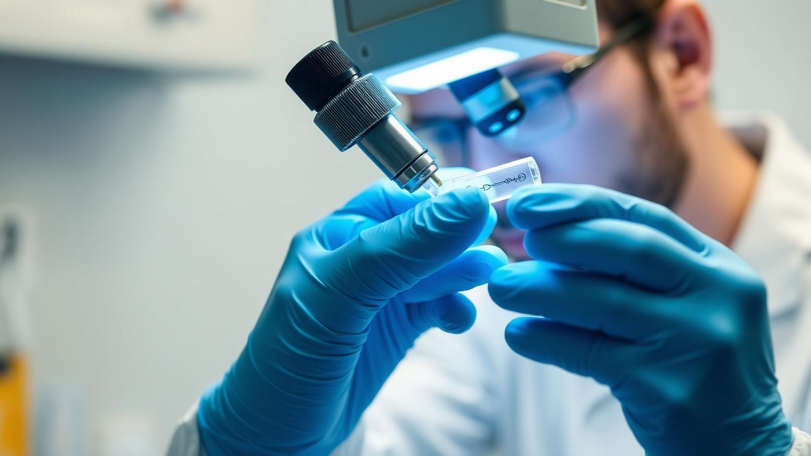 Laboratory technician examining a semen analysis slide under a microscope.