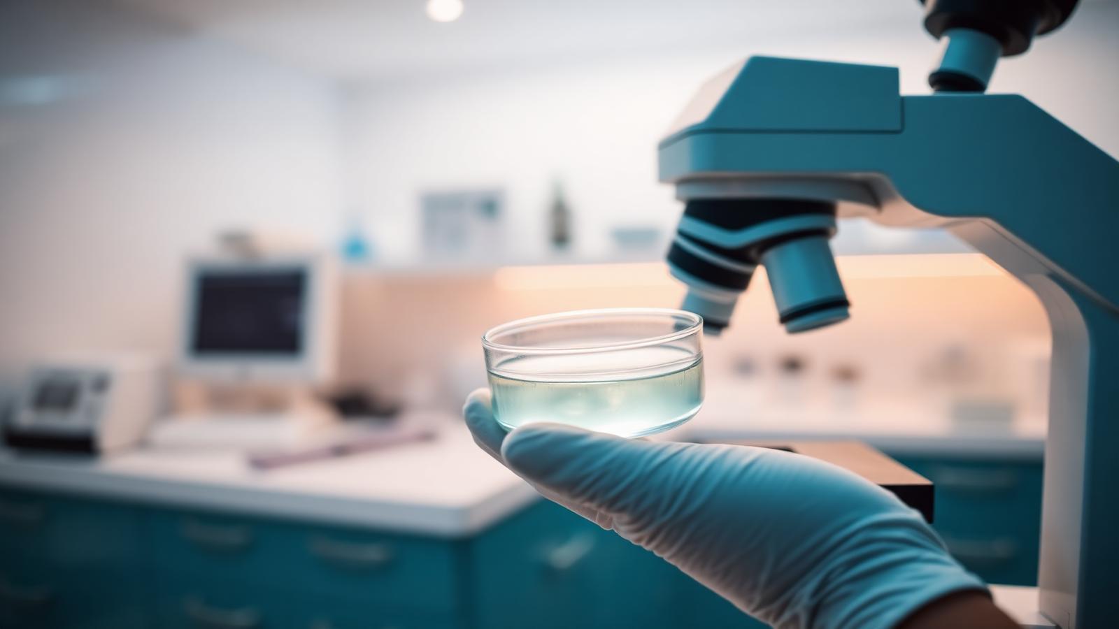 Embryologist holding a petri dish under a microscope in a fertility laboratory.