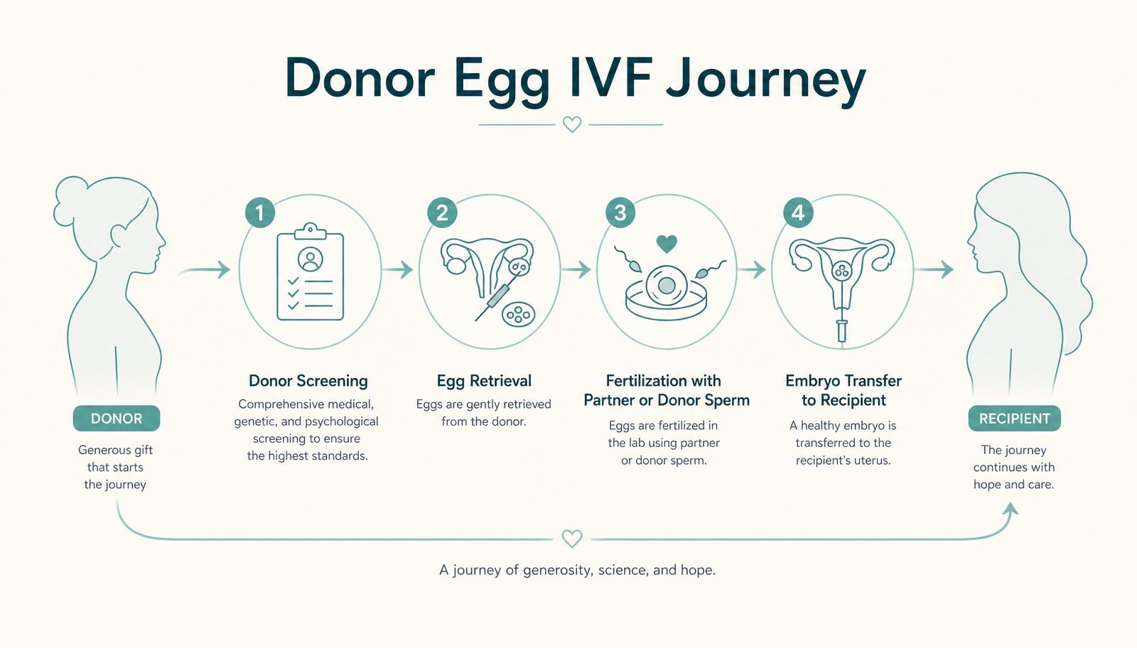 Infographic outlining the donor egg IVF journey from donor screening to embryo transfer to recipient.