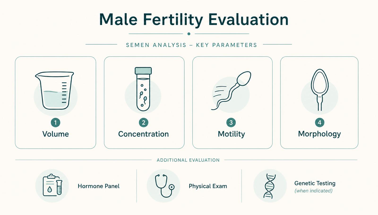 Infographic showing key semen analysis parameters: volume, concentration, motility, morphology, plus hormone panel, physical exam, and genetic testing when indicated.
